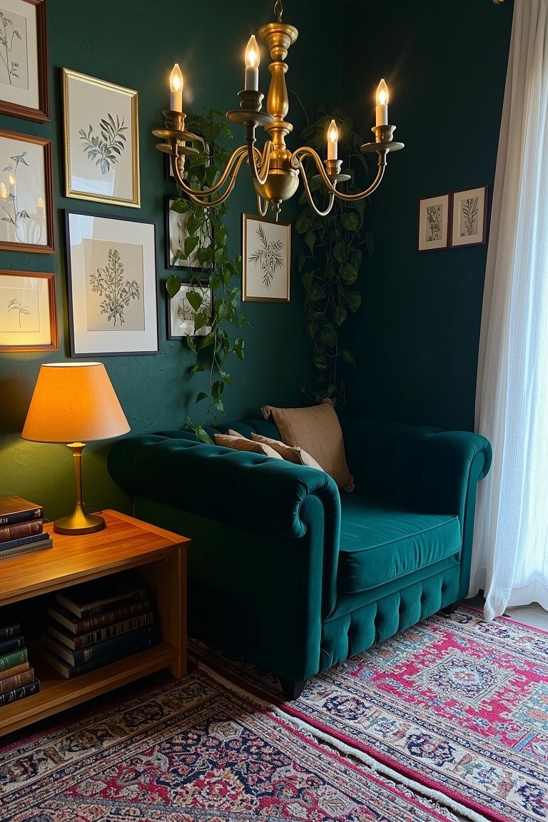 Cozy emerald green living room corner with tufted velvet armchair, wooden side table, botanical art on walls, gold chandelier, and trailing plants