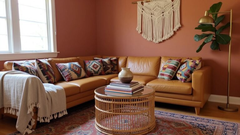 Eclectic boho living room with terracotta walls, brown leather L-shaped sofa piled with colorful patterned pillows, round rattan coffee table holding books, macrame wall hanging, and fiddle leaf fig plant.