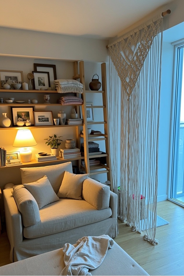 Cozy slipcovered armchair in a light corner with wooden ladder shelf holding books, ceramics, plants, and frames, macrame hanging by large windows
