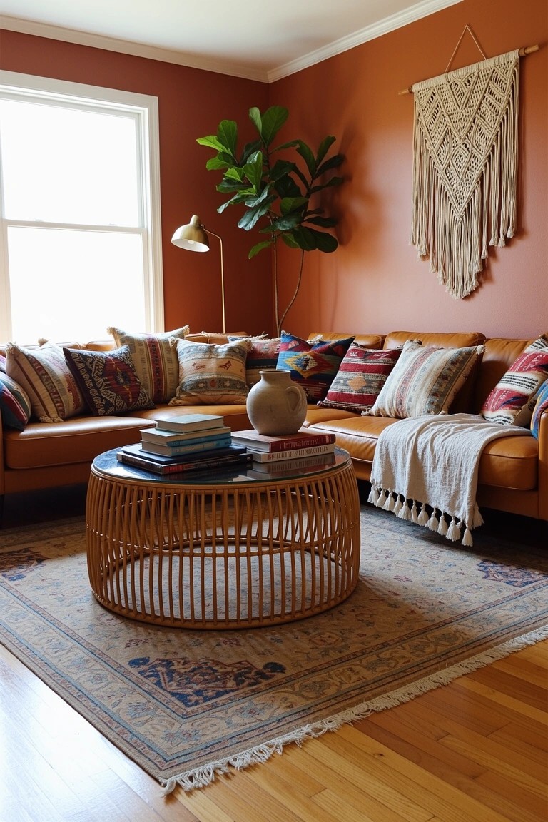 Eclectic boho living room with terracotta walls, brown leather L-shaped sofa piled with colorful patterned pillows, round rattan coffee table holding books, macrame wall hanging, and fiddle leaf fig plant.
