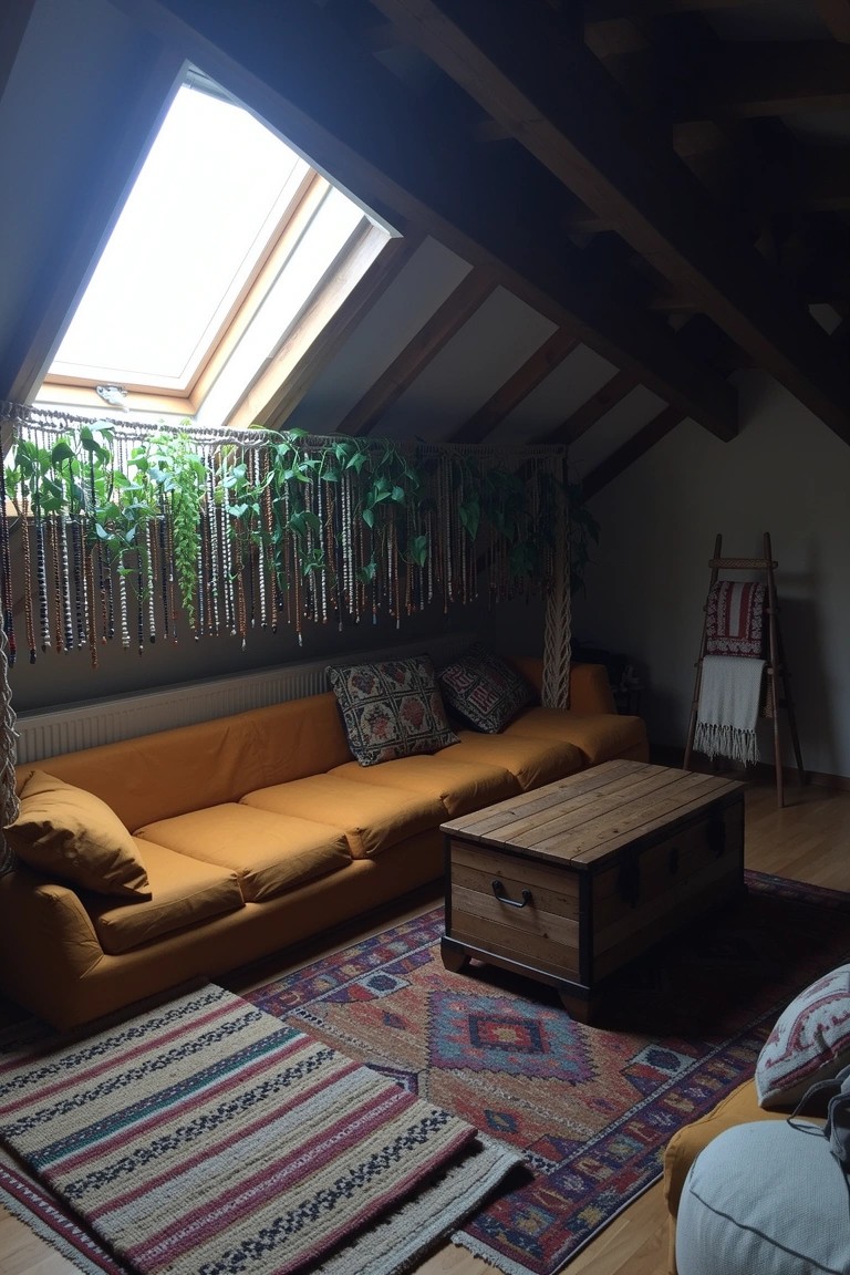 Orange modular sofa in a cozy attic living room with sloped ceiling, skylight, wooden coffee table, layered rugs, and hanging plants