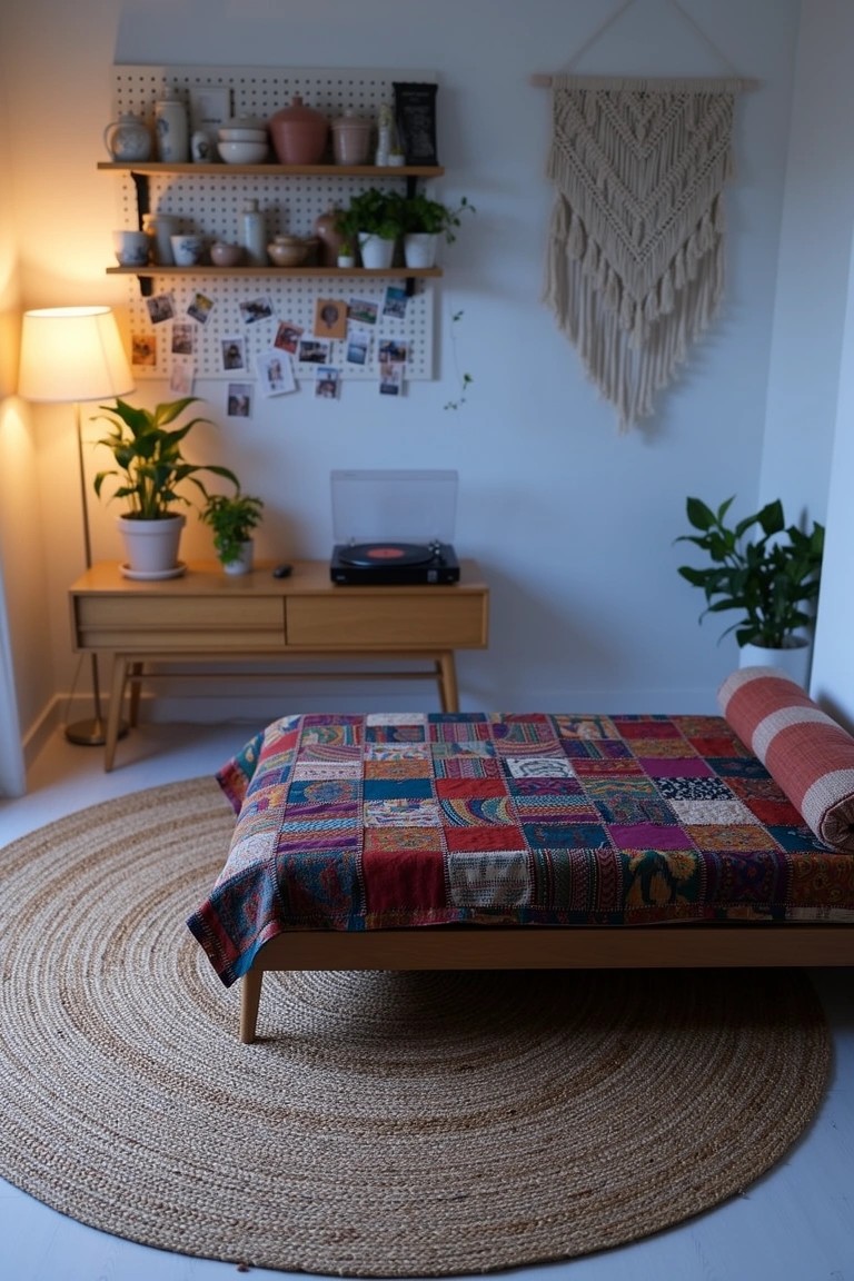 Wooden bed frame with vibrant multicolored patchwork quilt, rattan rug underneath, plants and macrame wall hanging in cozy boho bedroom