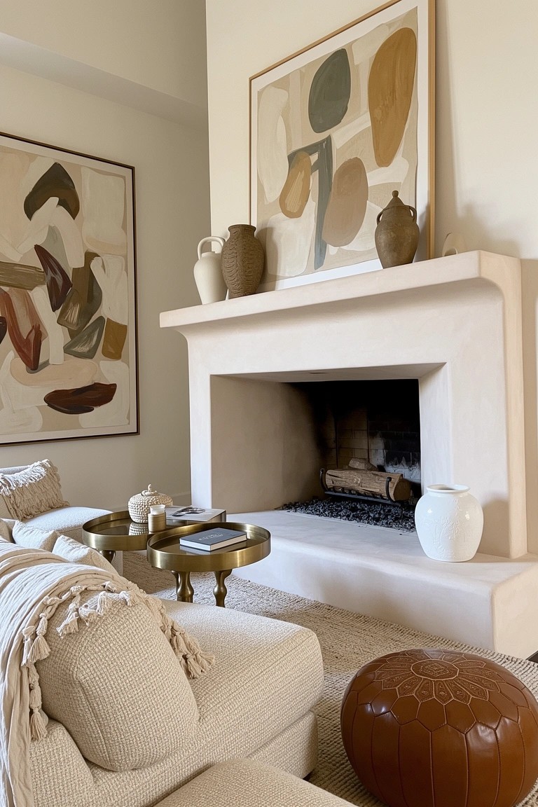 Neutral living room fireplace mantel with earthy pottery jugs and vase, abstract art on adjacent walls, cream sofa nearby