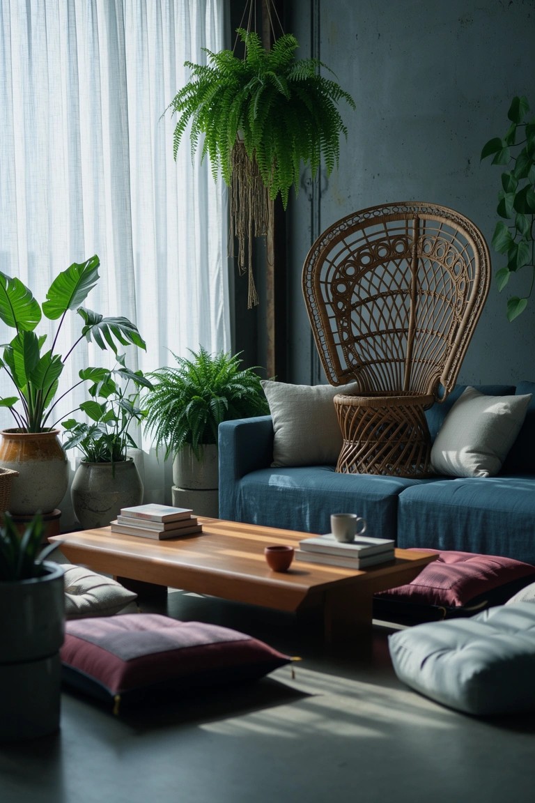 Eclectic boho living room featuring a tall rattan peacock chair next to a blue sofa, low wooden coffee table with books, floor cushions, and lots of potted and hanging plants against concrete walls with sheer curtains