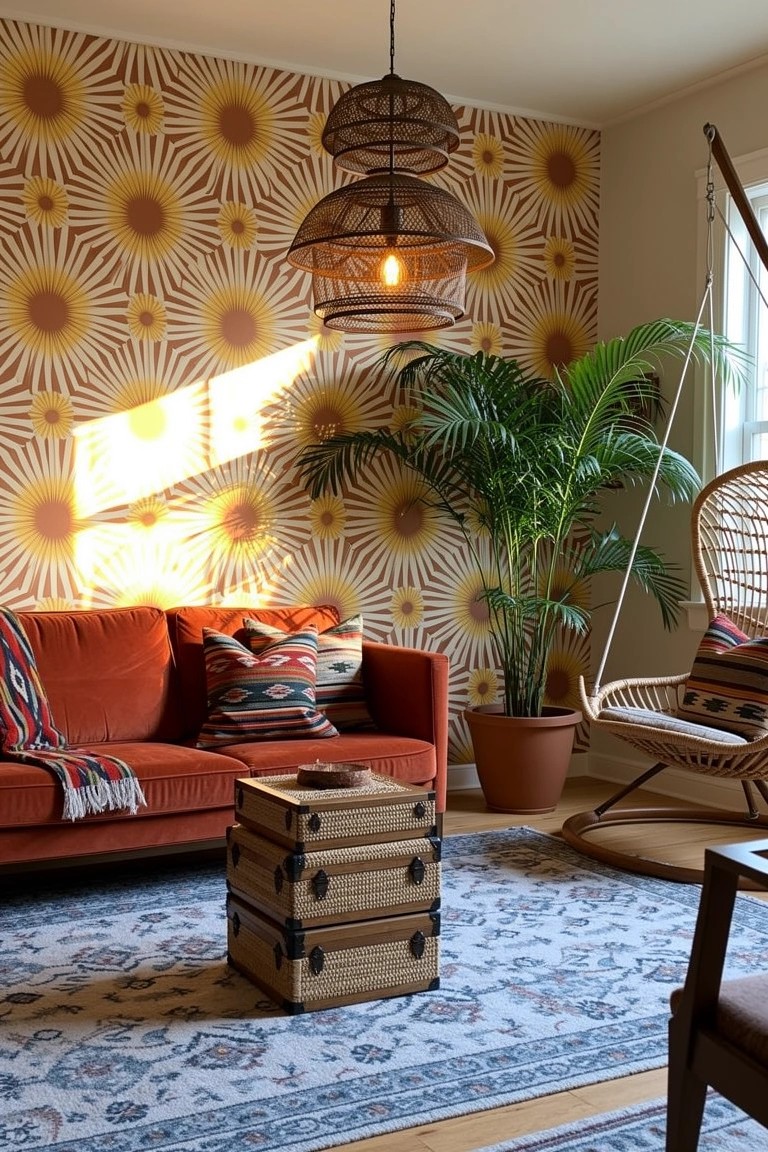 Eclectic boho living room featuring stacked woven suitcases as a side table, red velvet sofa, sunflower wallpaper, potted palm, and rattan hanging chair