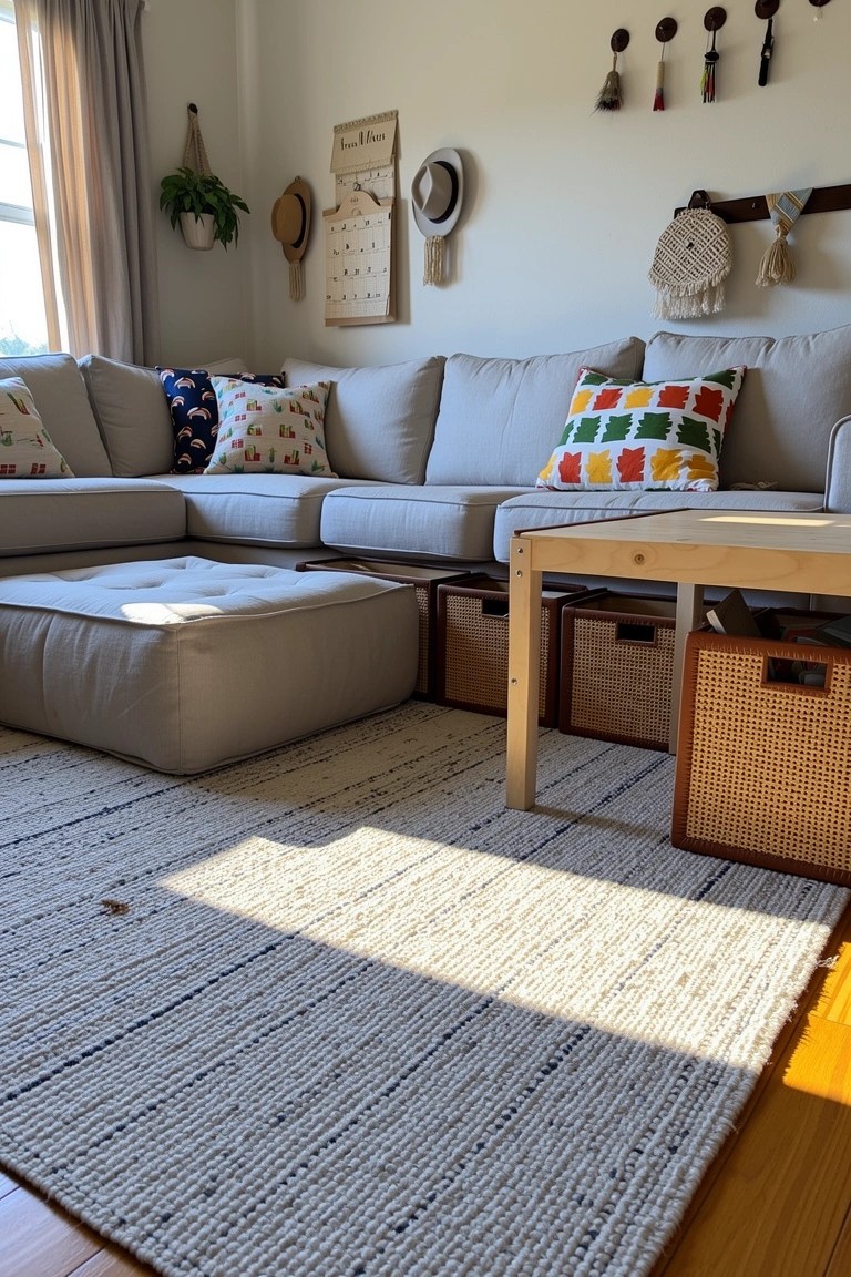 Eclectic boho living room with light gray L-shaped sofa piled with colorful patterned pillows, wooden coffee table holding woven storage baskets underneath, seagrass rug, and wall hangings like hats and macrame.