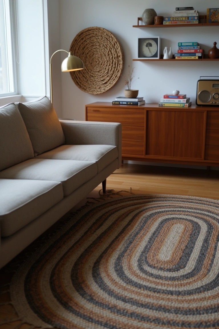 Cozy living room corner with beige sofa against a wood credenza topped with books and plants, oval braided rug, and woven wall hanging