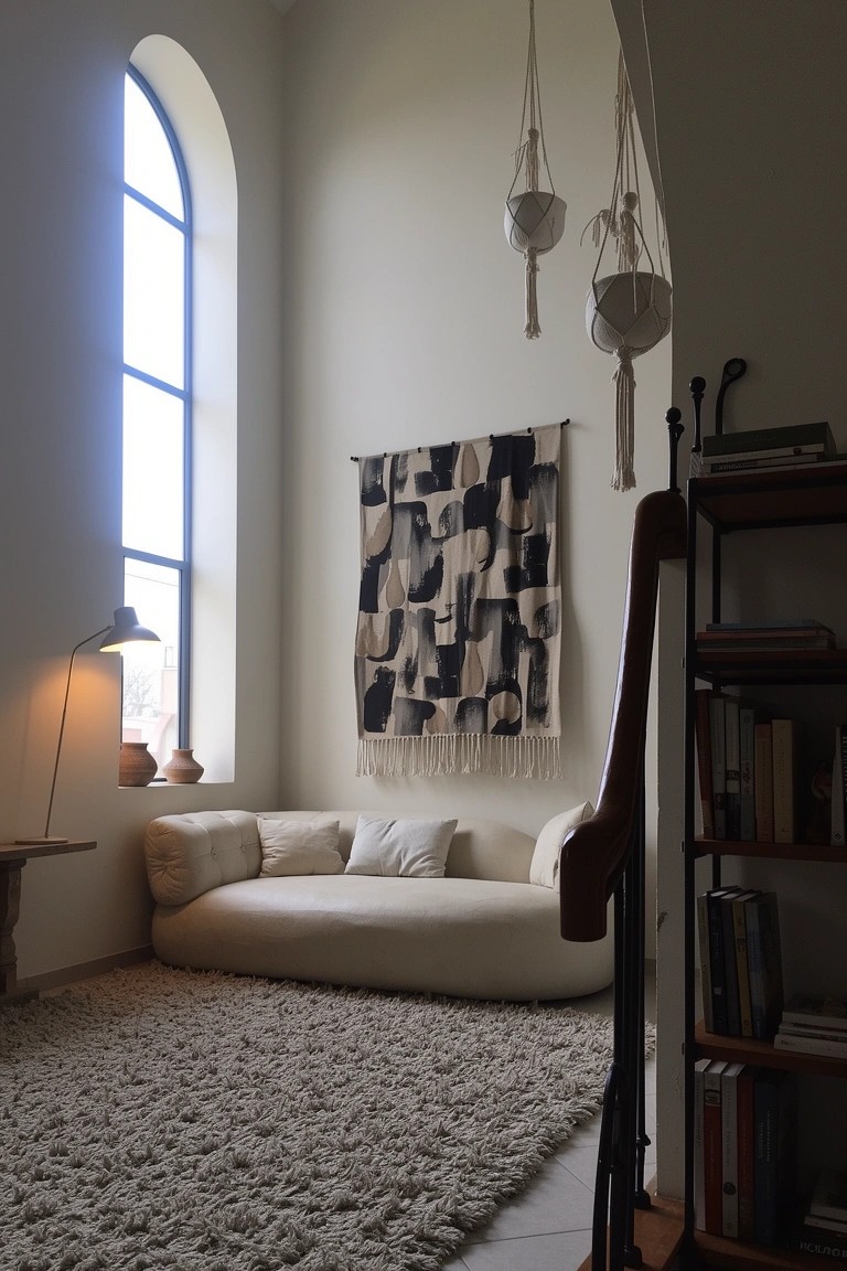Eclectic boho living room with large black-and-white woven wall hanging, low beige sofa on fluffy rug, hanging plants, and tall arched window