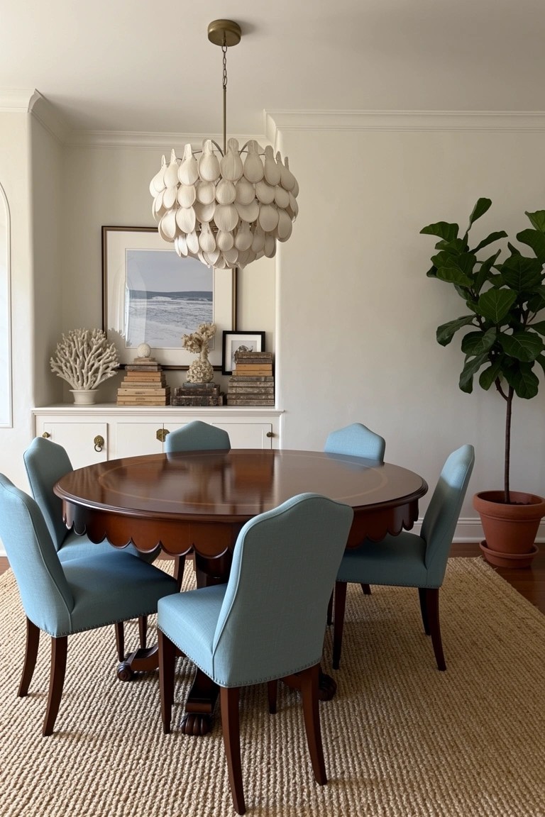 Coastal dining room featuring a round wooden table with blue skirted chairs, white shell chandelier, ocean artwork, coral decor, and potted plants on a beige rug