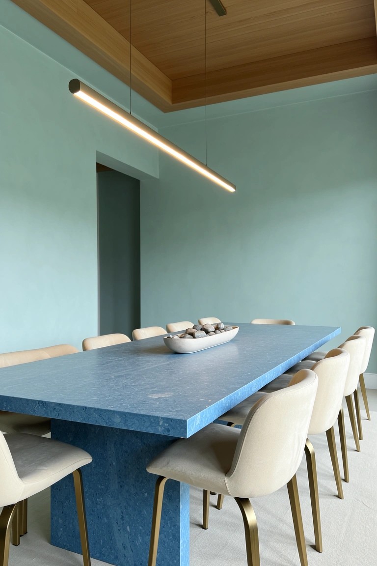 Modern dining room with rectangular blue stone table, cream upholstered chairs, linear pendant light, and soft teal walls