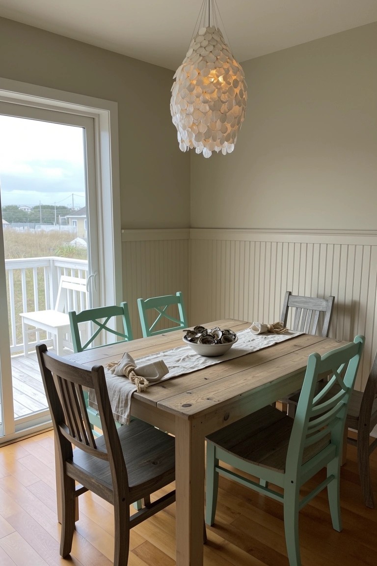 Coastal dining nook with glowing capiz shell chandelier over rustic wooden table, mixed green and gray chairs, beadboard walls, and sliding doors to deck