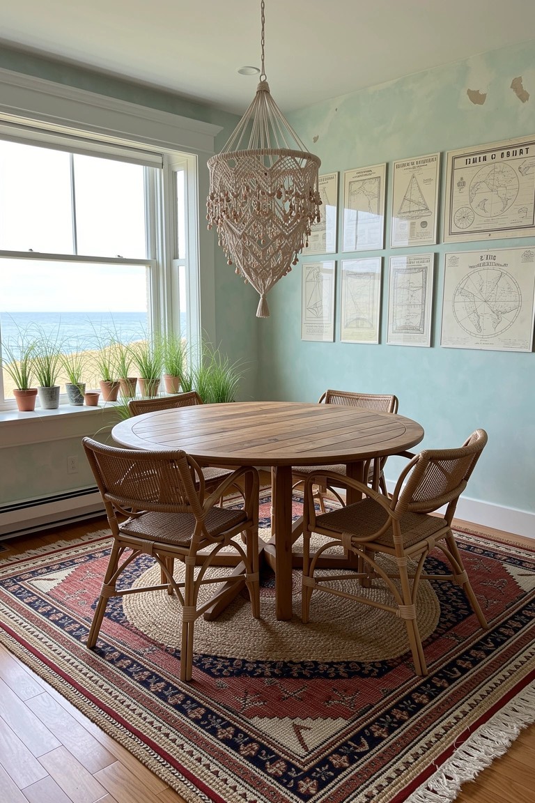 Round wooden dining table with rattan chairs in a light blue coastal room, shell chandelier above, nautical maps on walls, plants by ocean-view windows