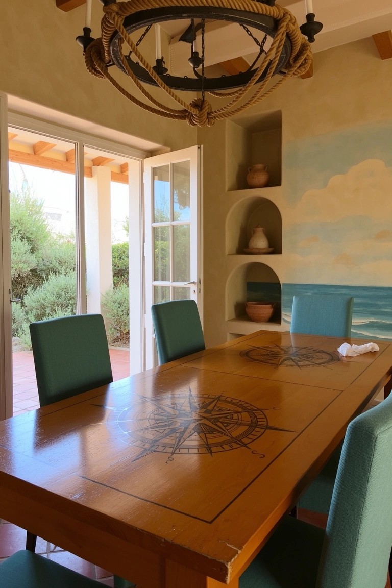 Wooden dining table with black compass rose inlay at center, green chairs around it, in room with beige walls and arched niches