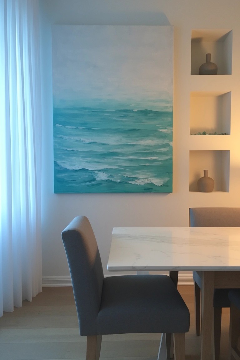 Modern dining room with large abstract teal ocean wave painting on wall, marble table, gray upholstered chairs, sheer white curtains, and niche shelves with vases