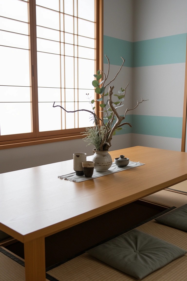 Serene low wooden dining table on tatami mats with cushions, simple ceramic vase of branches, and light blue striped walls behind shoji windows