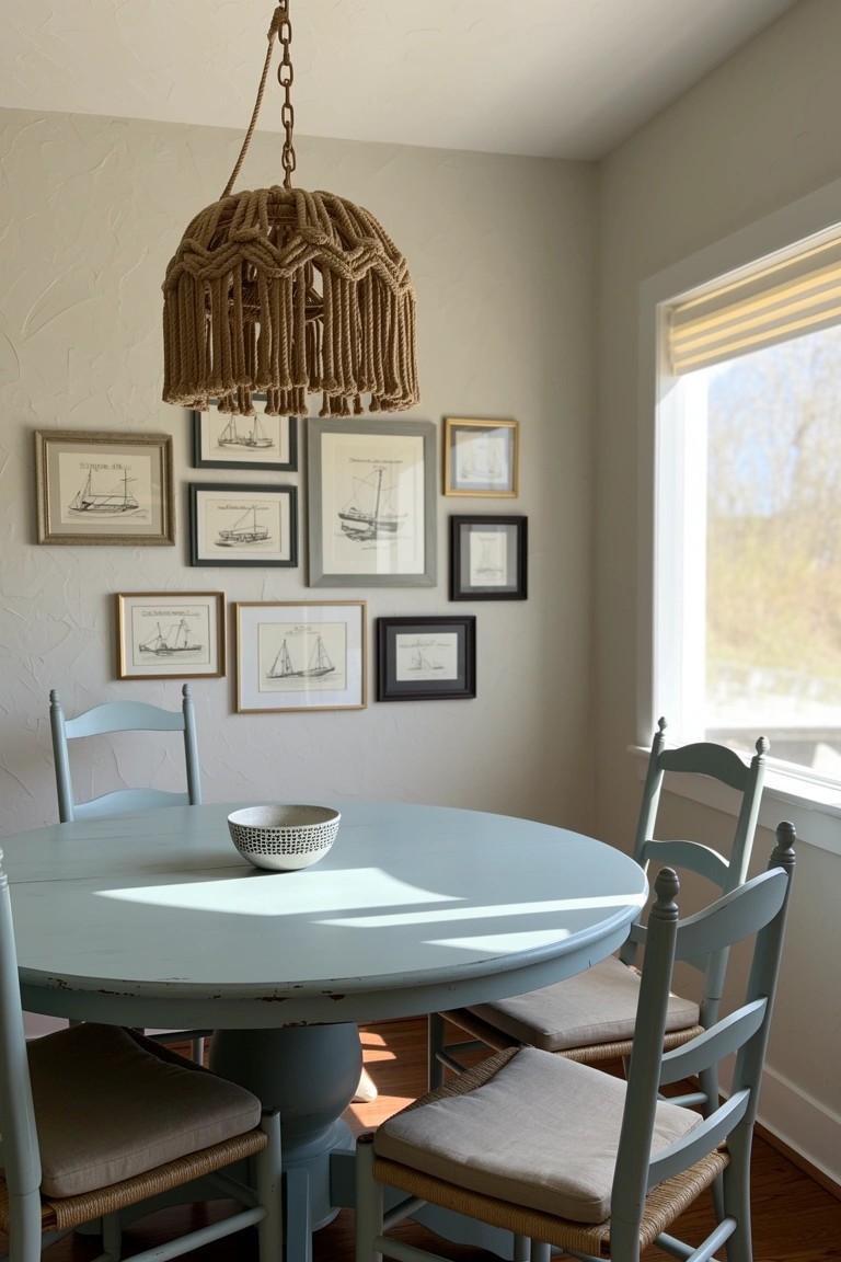 Light gray dining nook with turquoise pedestal table, beige-cushioned chairs, braided rope pendant light, and clustered black frames of nautical ship drawings on the wall beside a window