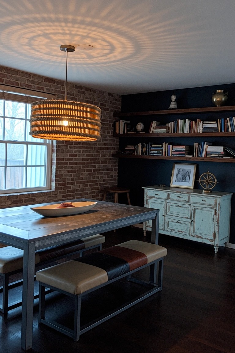 Dining nook with navy wall shelves displaying books, vase, and nautical decor next to exposed brick wall and wooden table