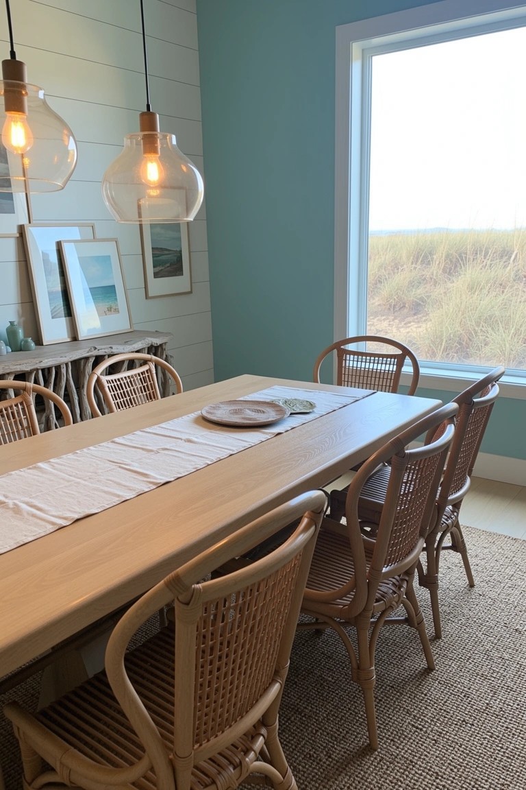 Rattan chairs around a light oak dining table in a pale teal-walled room with large beach-view window