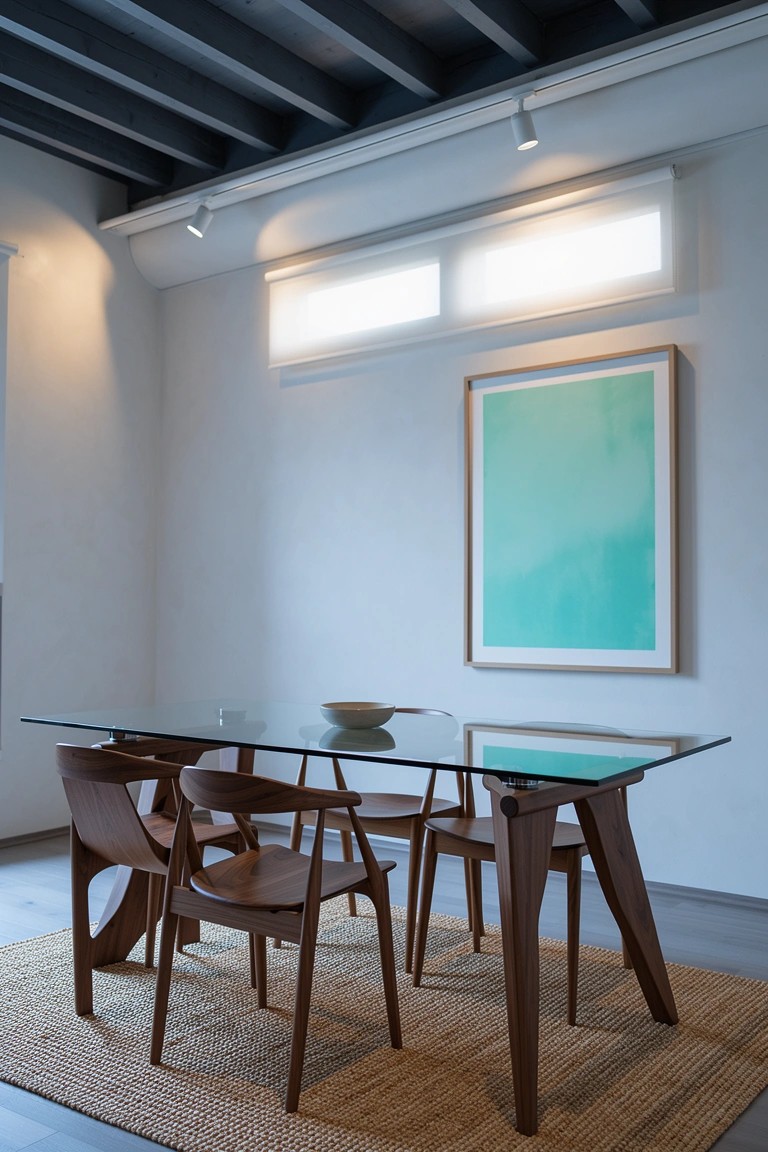 Minimalist dining room with glass-top table, wooden chairs, beige rug, and large teal abstract painting on white wall under track lighting
