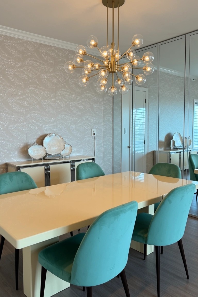 Dining room featuring a glossy cream table surrounded by turquoise velvet chairs, brass chandelier overhead, and shell decor on a sideboard against subtle patterned wallpaper