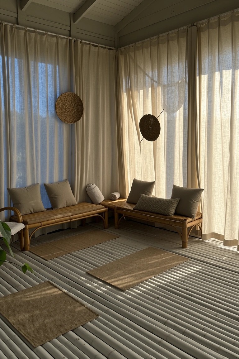 Screened porch with light bamboo pole flooring, rattan benches, beige cushions, and sheer curtains