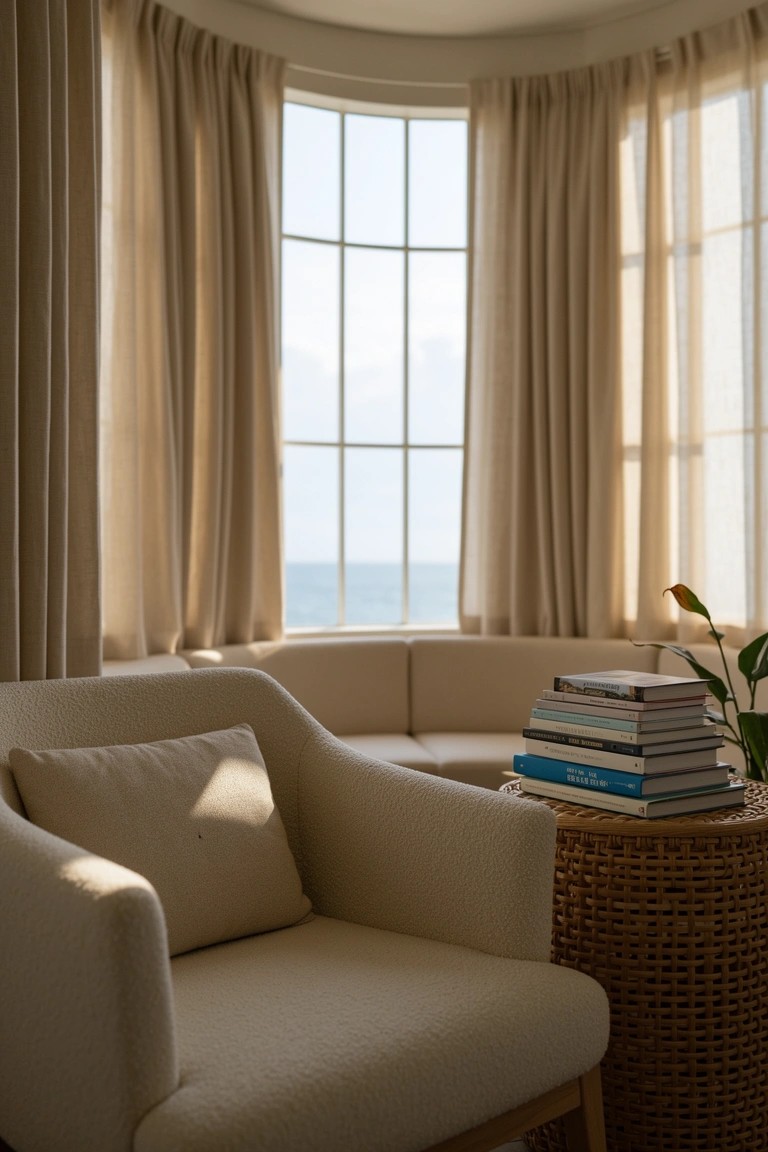 Curved cream sofa in bay window with sheer beige curtains, wicker side table, stacked books, plant, and ocean view