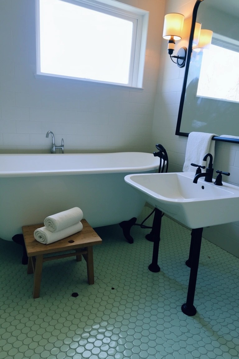 Coastal bathroom featuring white clawfoot tub, pedestal sink on mint green hex tiles, and towels on wooden stool