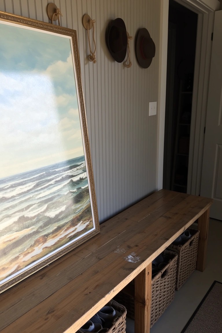 Rustic wooden entry bench with seagrass baskets for shoe storage, ocean painting on paneled wall, and hanging hats