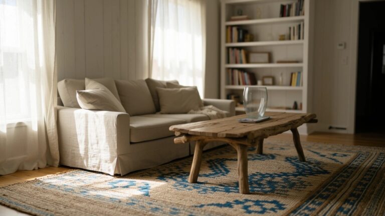 Cream linen sofa in a shiplap-walled living room with bookshelves, rustic wood coffee table, and blue patterned rug