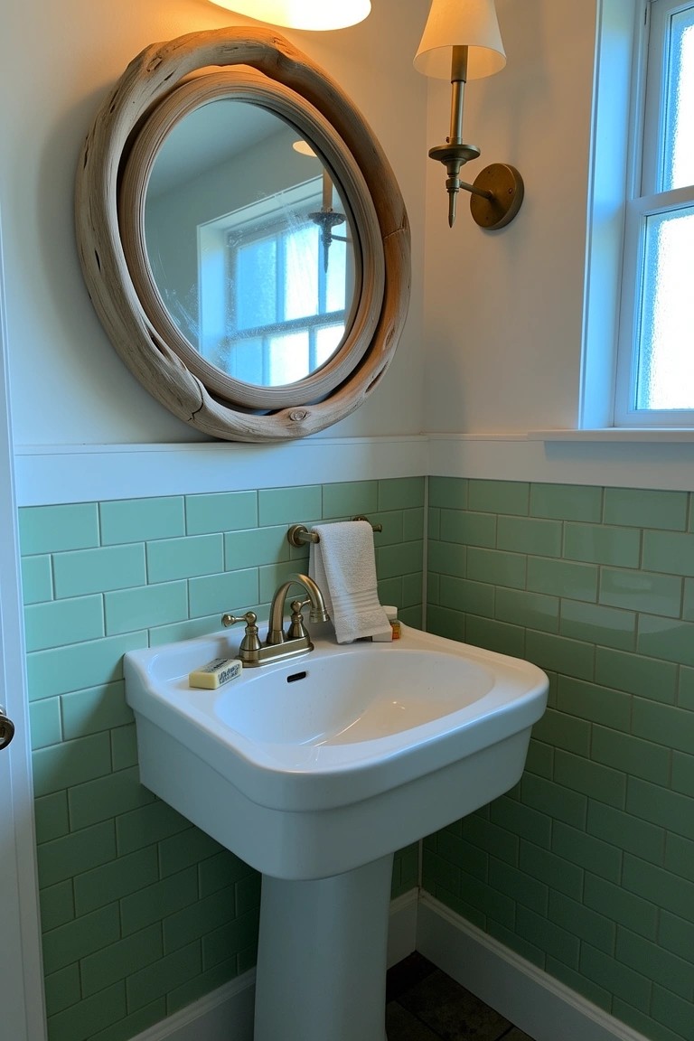 Beach house bathroom corner with mint green subway tile walls, white pedestal sink, brass faucet, and rope-framed mirror