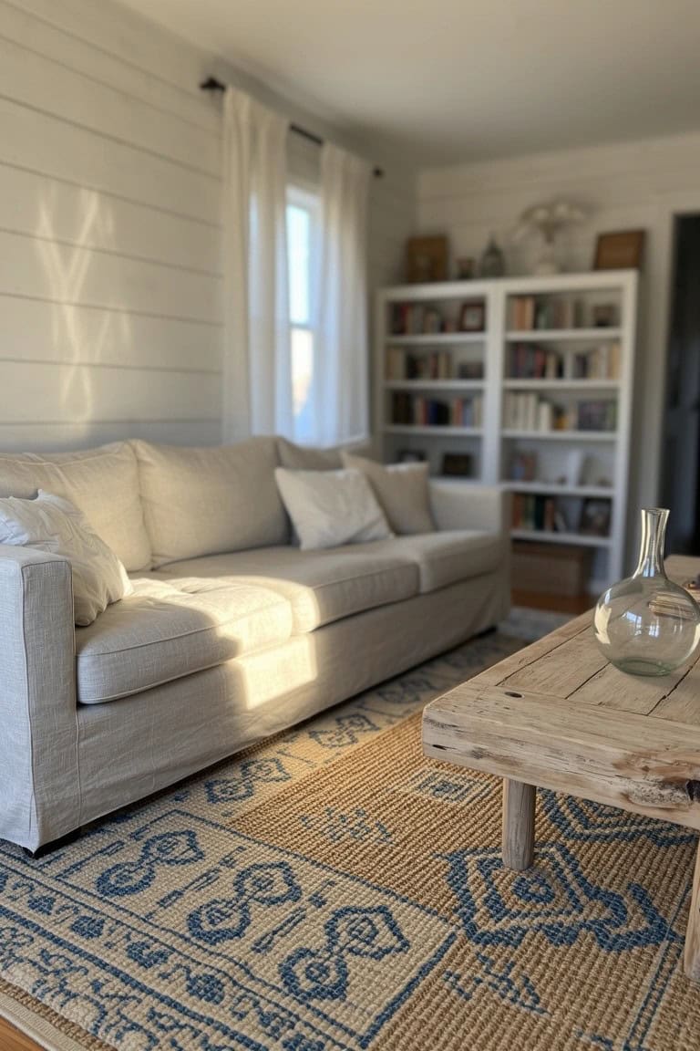 Cream linen sofa in a shiplap-walled living room with bookshelves, rustic wood coffee table, and blue patterned rug