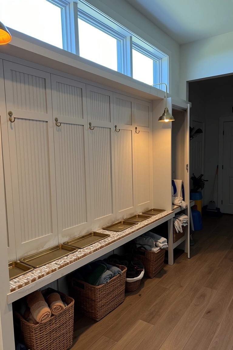 White beadboard mudroom lockers with hooks, bench seating, gold trays, and woven storage baskets underneath
