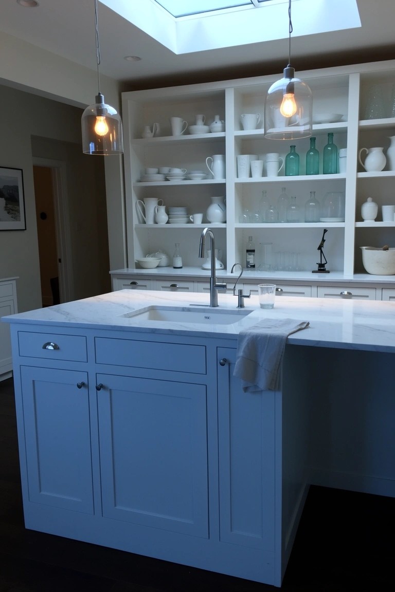 White kitchen island with open shelves holding stacked white dishes and turquoise bottles