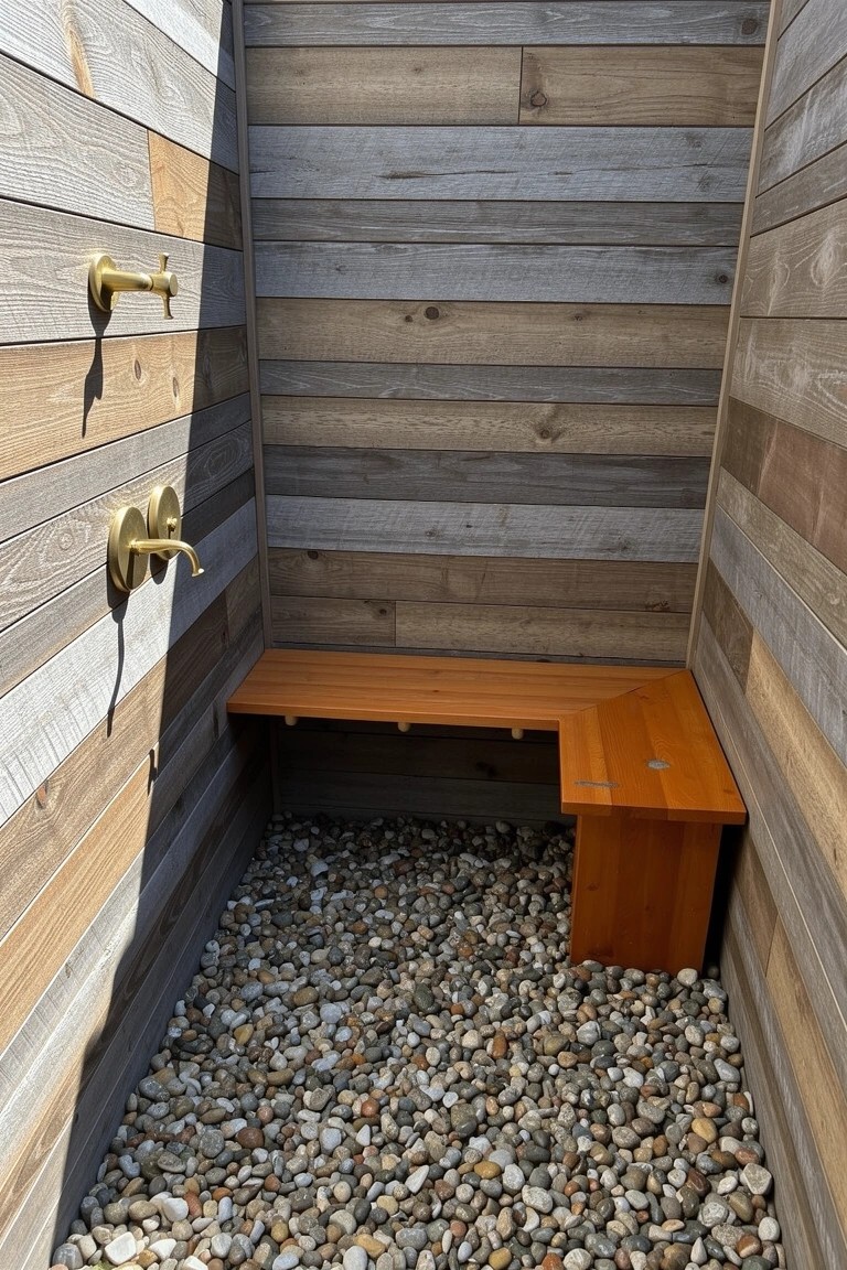 Outdoor shower enclosure with gray plank wood walls, brass faucets, wooden bench, and pebble stone floor
