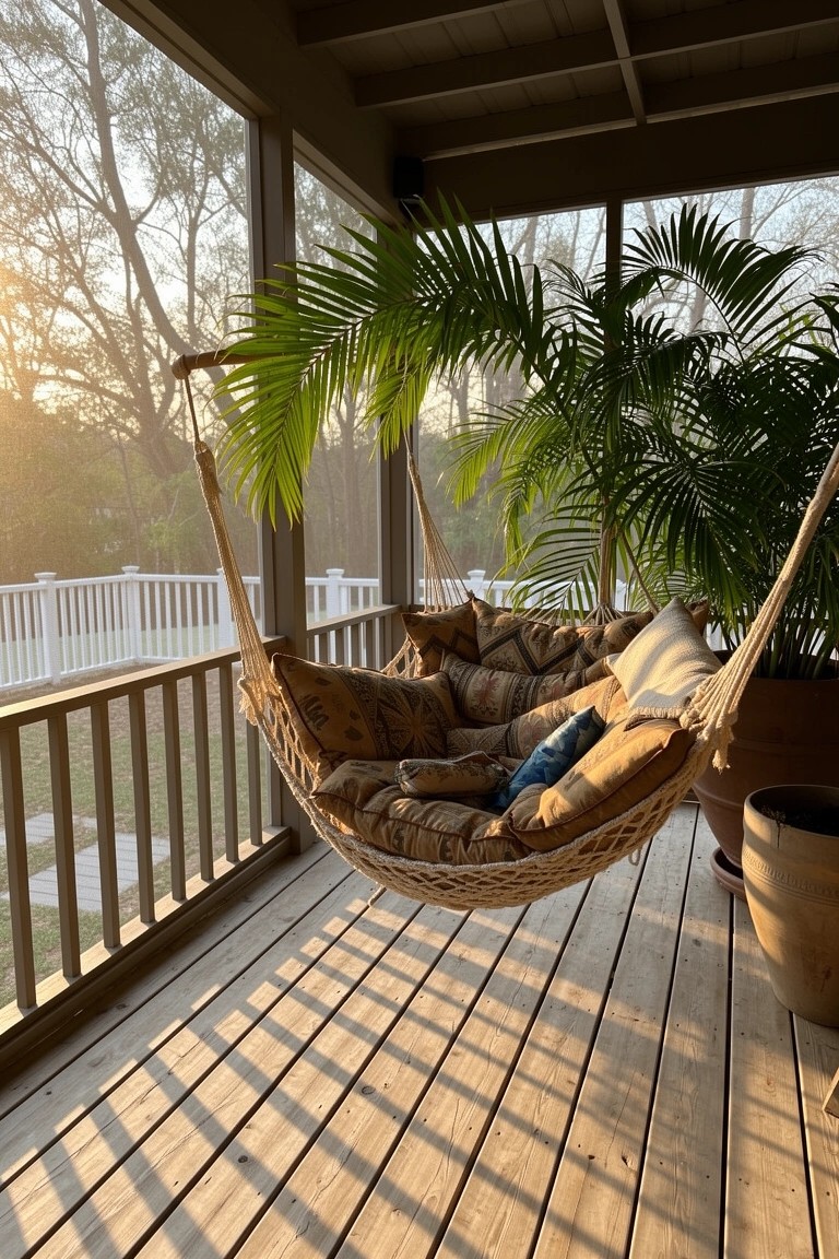 Cushioned hammock swing hanging on screened porch with potted palm plant nearby