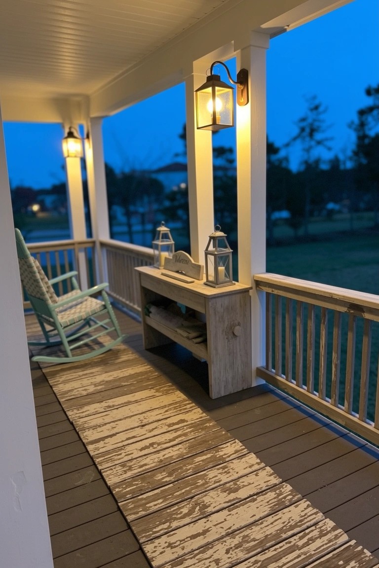 Teal rocking chair on wooden porch deck with shelf holding shells and lanterns, weathered runner rug, and post lights at dusk