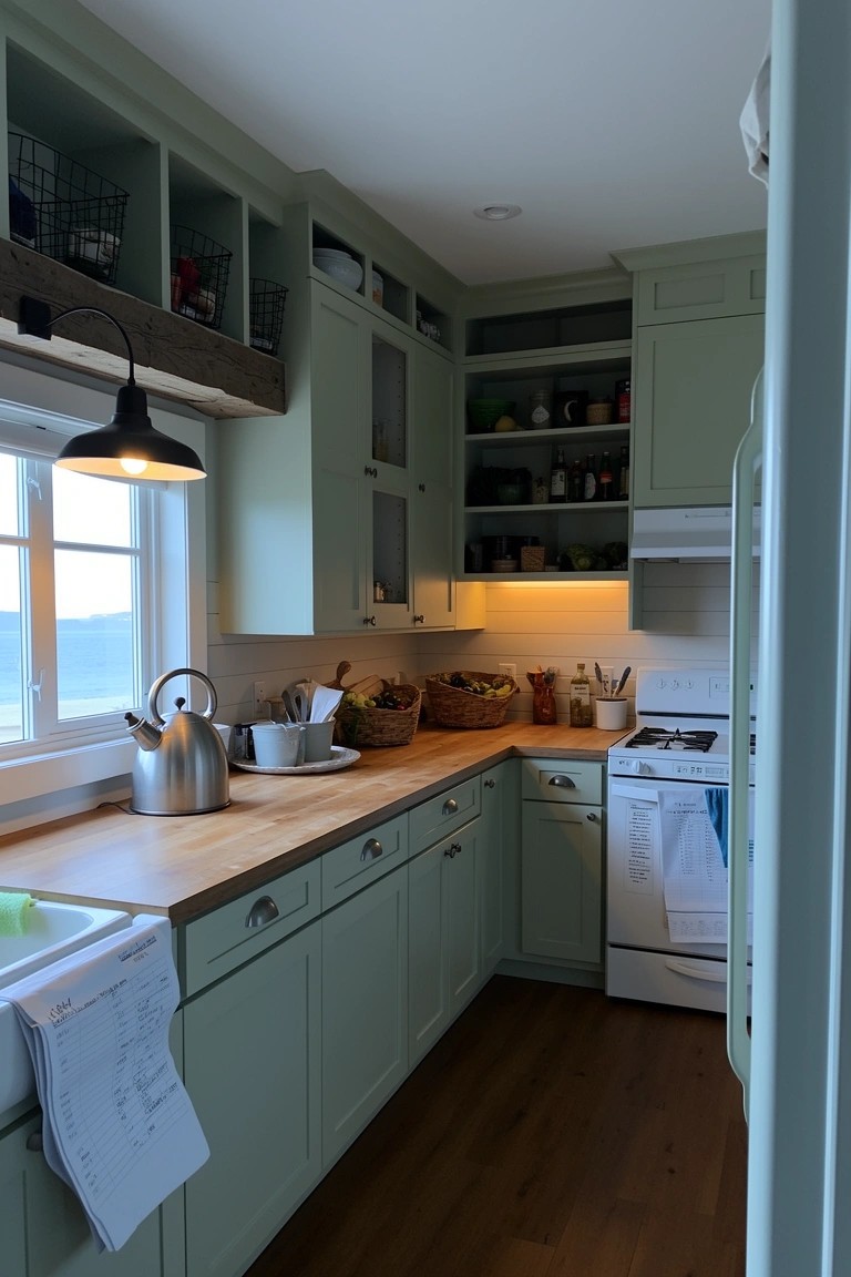Sage green shaker-style kitchen cabinets with butcher block counters and open shelving in a cozy beach house kitchen