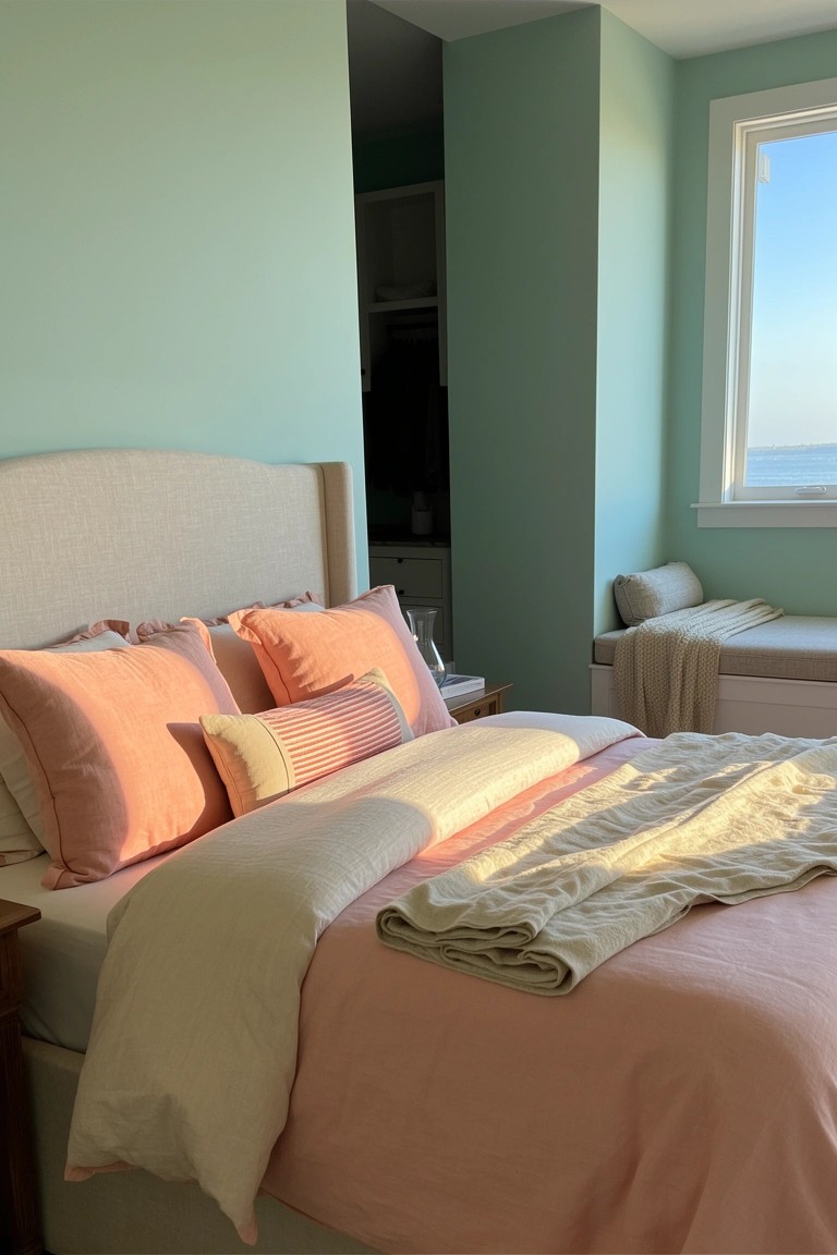 Bedroom with seafoam green walls, blush pink pillows and bedding on a cream upholstered bed frame, plus an ocean view window