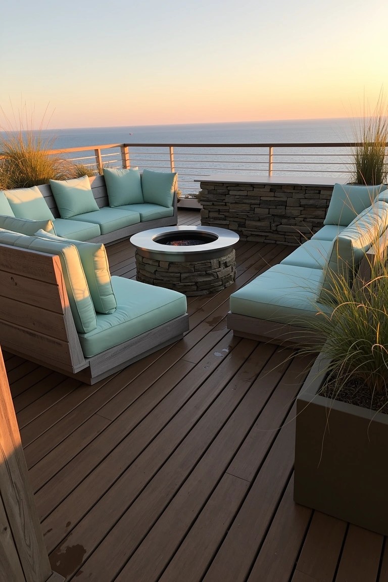 Outdoor deck with modular turquoise lounge seating arranged in a circle around a central metal fire pit, potted grasses nearby and ocean view beyond glass railing