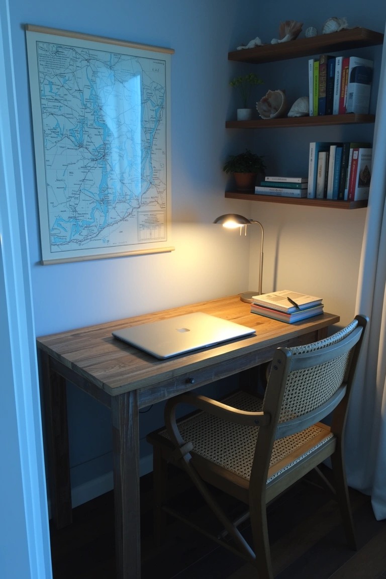 Wooden desk and cane chair in a cozy blue-walled corner with lamp, books, and coastal map on wall