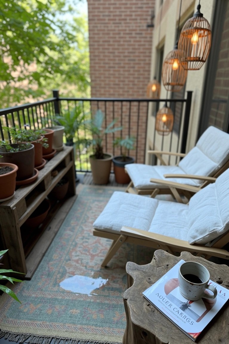 Wooden shelf on balcony filled with terracotta plant pots behind white loungers on a rug