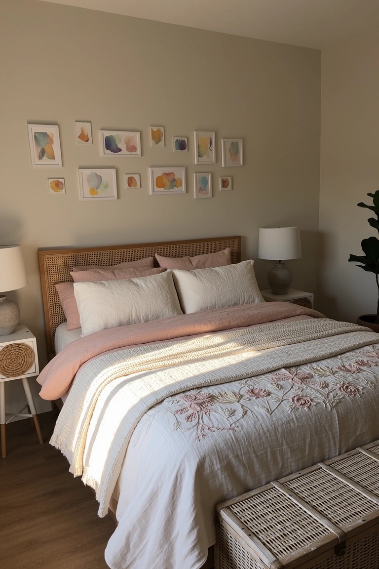 Beige bedroom with a gallery wall of small abstract prints above rattan headboard bed, soft pink bedding, and potted plant