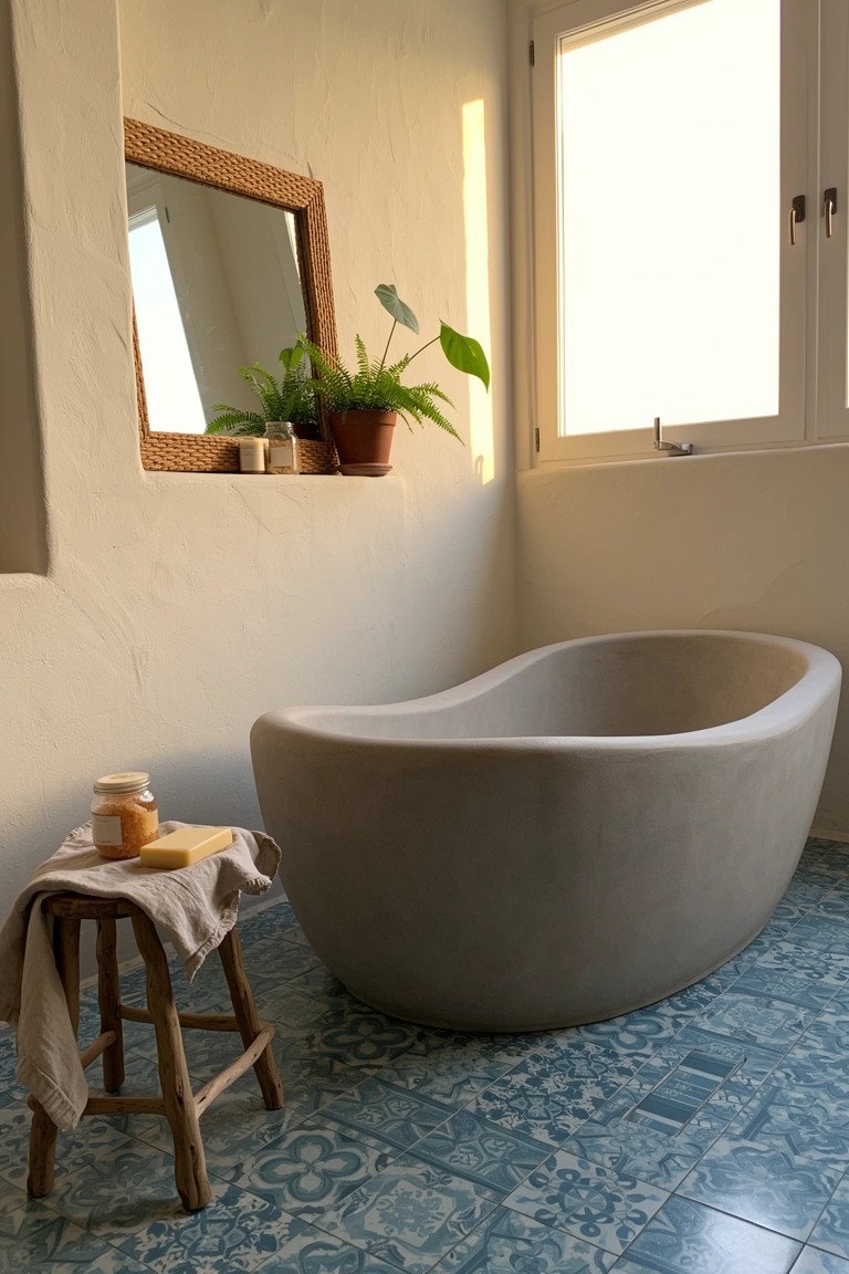 Boho bathroom with curved gray freestanding bathtub, wooden stool with draped towel and soap dish, potted plants on shelf by rattan mirror, blue tiled floor