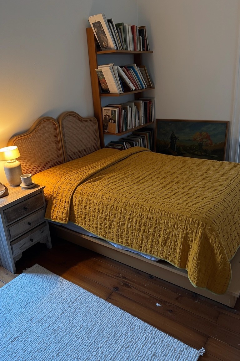 Bedroom with mustard yellow chunky knit blanket on wooden bed, lamp on nightstand, and books on nearby shelves