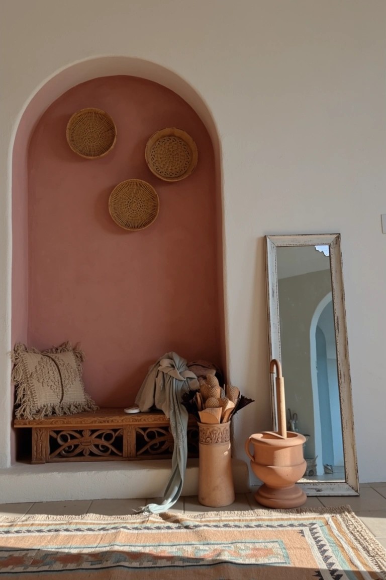 Boho-style arched pink alcove with low wood bench, fringed pillows, draped scarf, woven wall baskets, terracotta pot, umbrellas, and leaning white mirror on tiled floor with rug