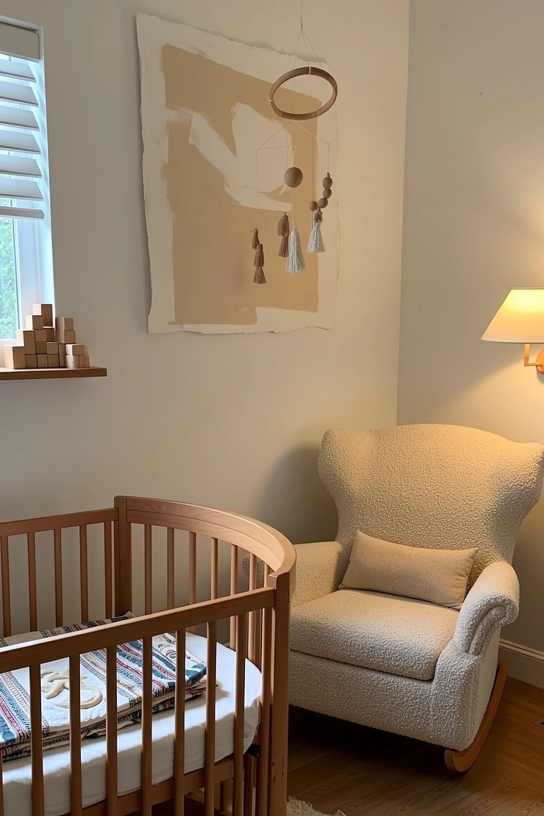 Nursery corner with oval wooden crib, cream upholstered rocking chair, large beige abstract wall art, wooden mobile, and toy blocks on shelf
