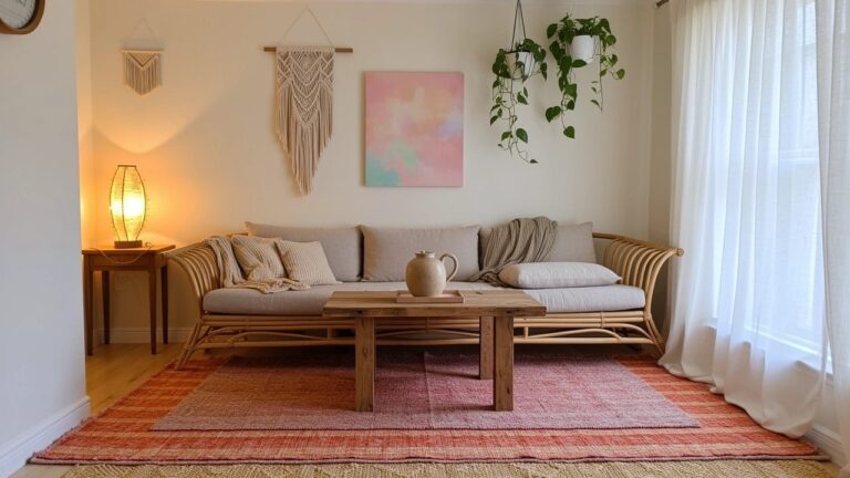 Boho living room with rattan bench sofa piled with cushions and throw, wooden coffee table, striped rug, and potted plant on macrame hanger