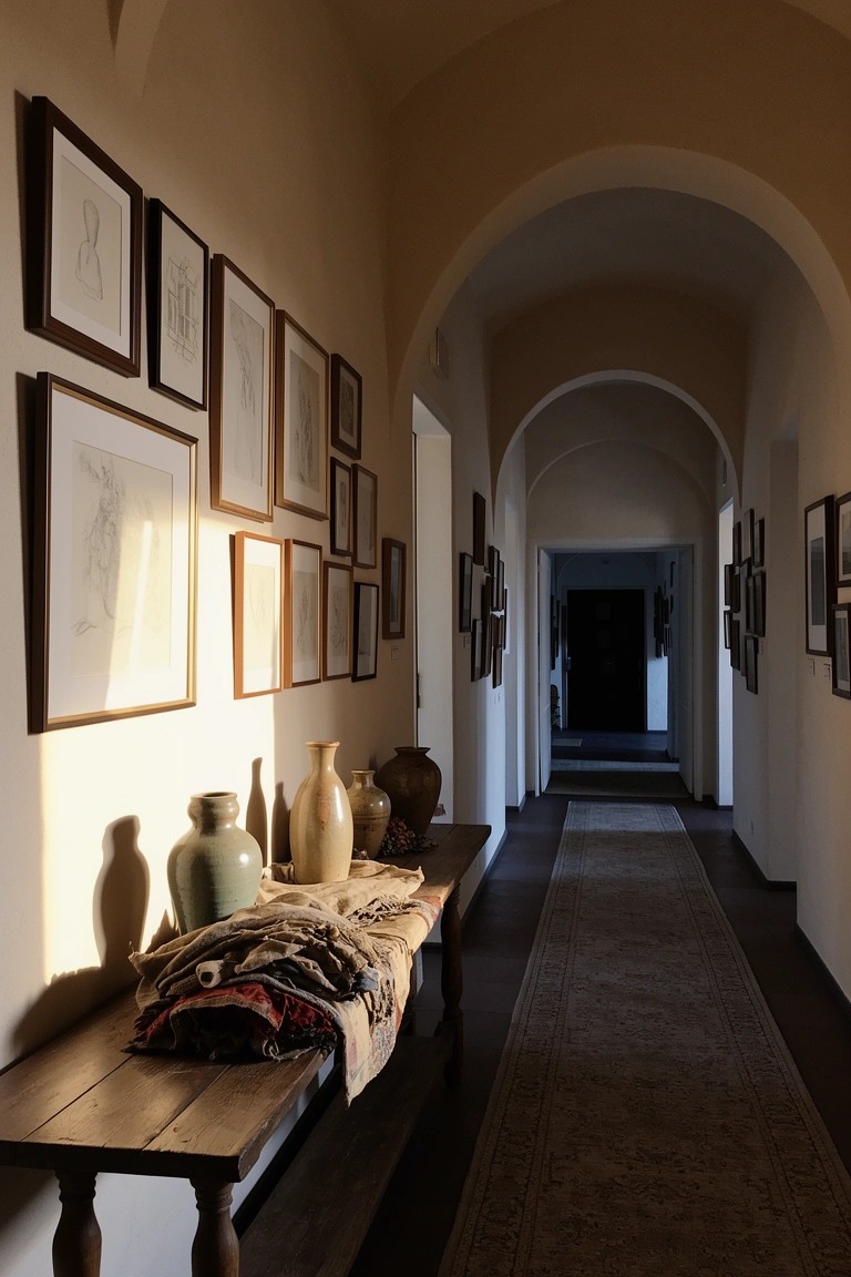 Long arched hallway with eclectic gallery wall of mixed frames on beige walls, wooden bench draped with colorful layered textiles and ceramic vases