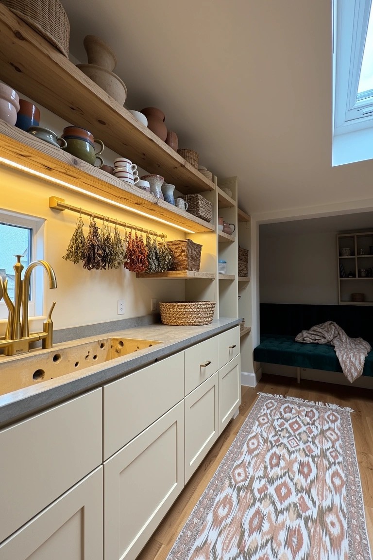 Open wooden kitchen shelves displaying pottery, baskets, and hanging dried herbs above a brass sink in a compact boho nook