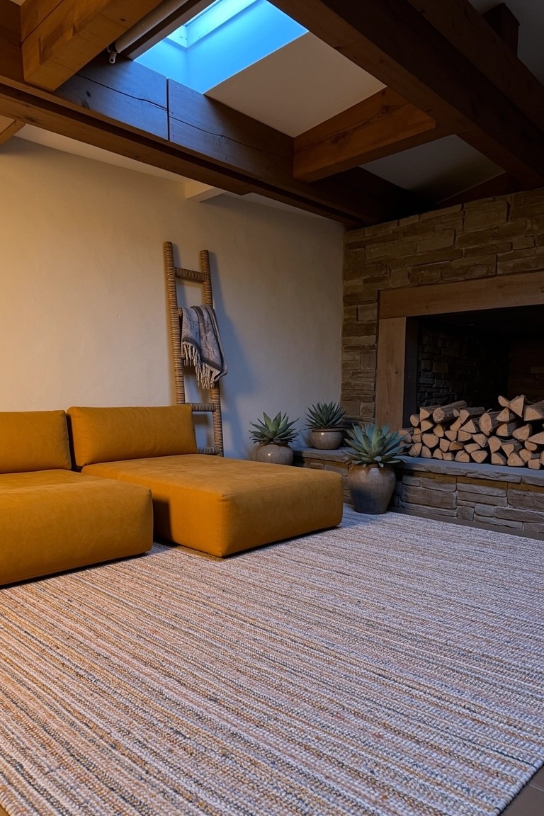 Mustard yellow modular sofas arranged on a striped rug by a stone fireplace with wooden beams, skylight, plants, and a ladder holding a blanket